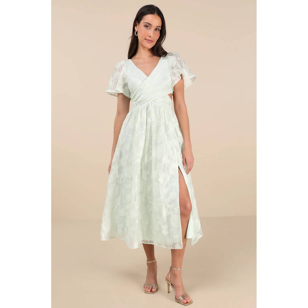 Lulus Hilly Light Mint Floral Jacquard Cross Front Lace-Up Midi Dress Size Large
